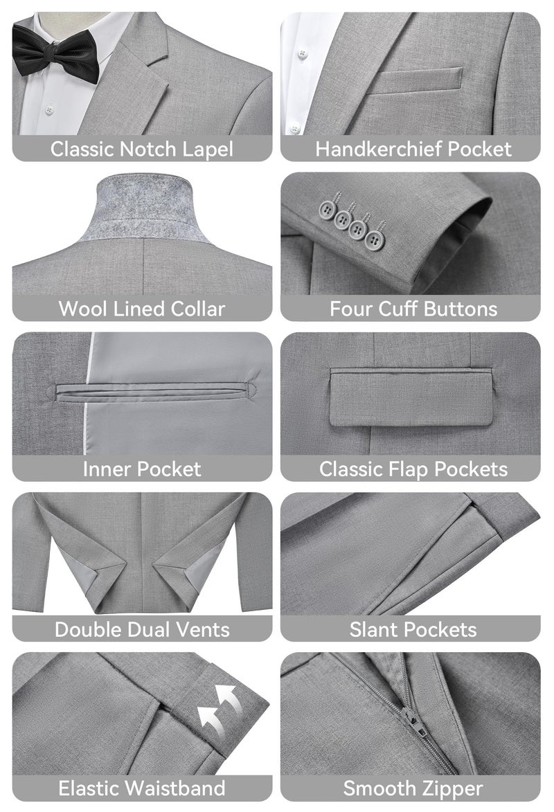 WEEN CHARM Mens Suits Slim Fit 2 Piece Wedding Tuxedo One Button Prom Party Solid Blazer Trousers Suit Set Light Grey - Image 3